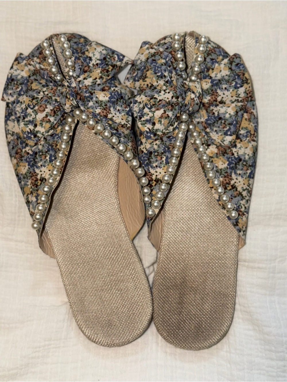 Floral Pearl-Trim Slip-On Sandals - Blue/Beige
